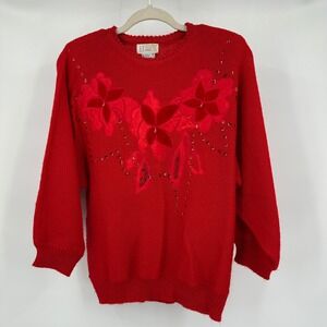 Vintage Womens Cottagecore Applique Sweater Size M Floral Artsy Boho Vibrant Red